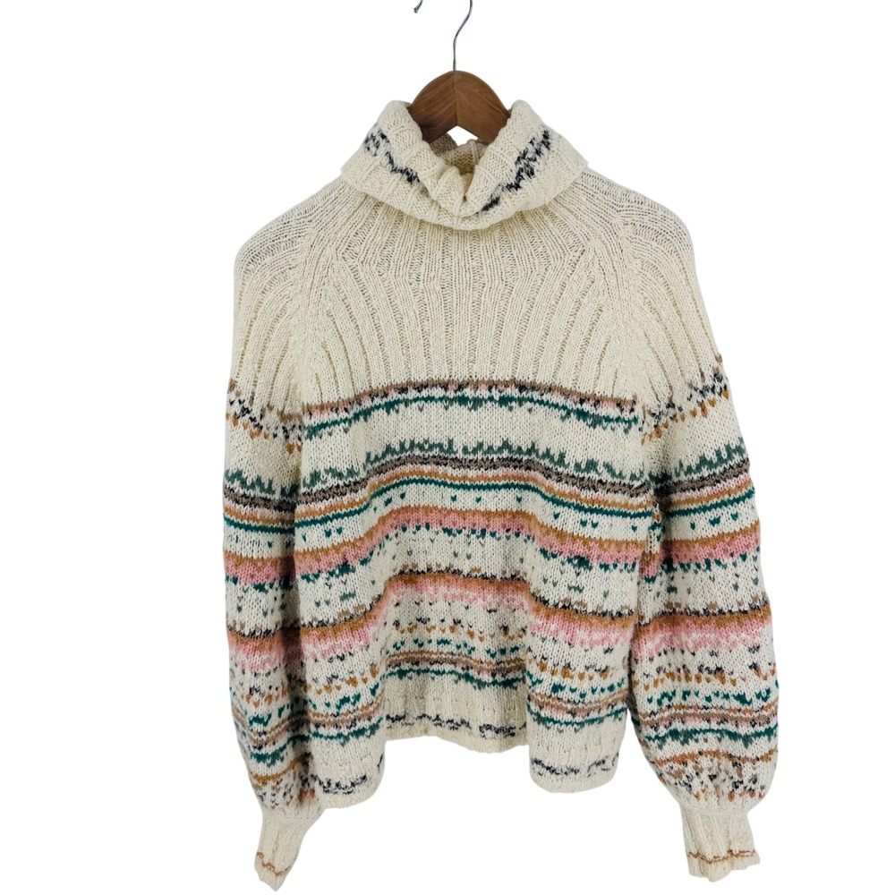 Pilcro Anthropologie Chunky Knit Fair Isle Turtleneck‎ Cream Size L Cozy Cottage
